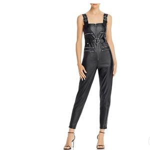 We Wore What FAUX LEATHER SLEEVELESS OVERALLS